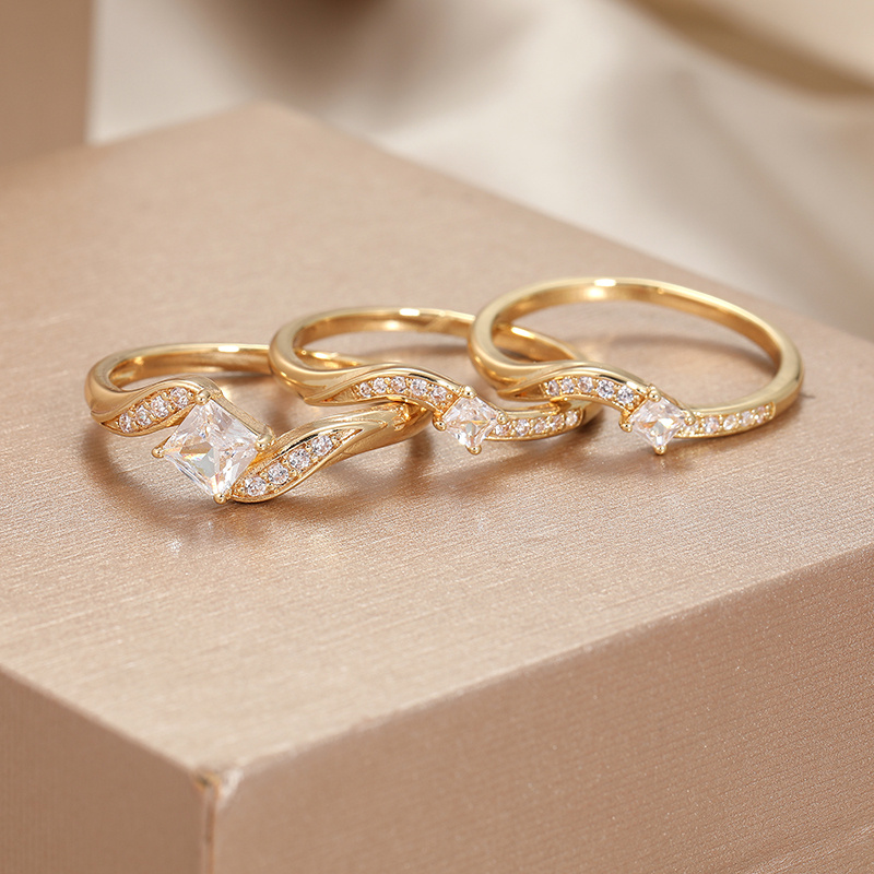 3pcs CZ Ring Set Shining Wedding Jewelry KC Golden Plated